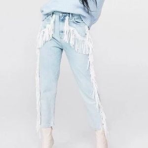 Nasty Gal High Waisted Fringe Mom Jeans Light Wash
